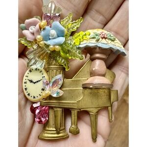 Vintage Katrina Signed Grand Piano Brooch Clock Lamp Flowers Music Pin 2.5"